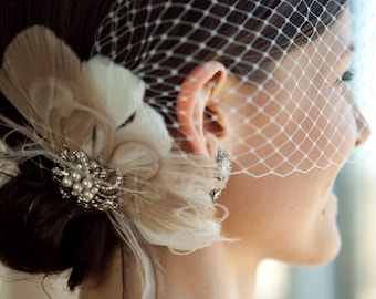 Birdcage Veil, Bridal Veil and Bridal Clip, Bandeau Birdcage Veil, Blusher, Bird Cage Veil, Ivory Feather Hair Clip, Speakeasy