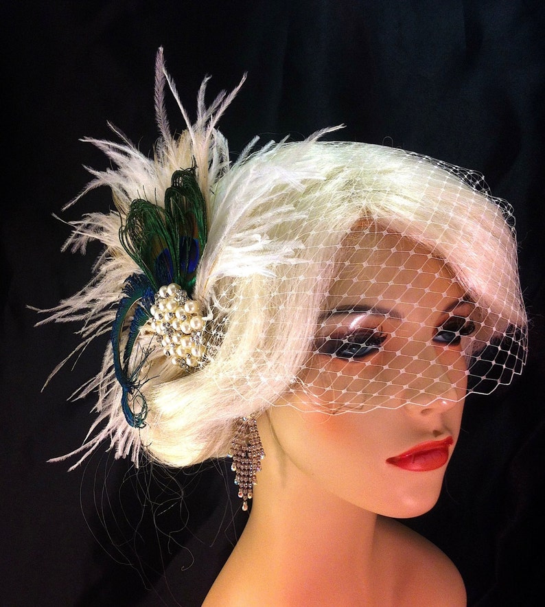 Fascinator Rhinestone Pearl Bridal Feather Fascinator Bridal Headpiece Wedding Veil Old Hollywood Ivory Champagne and Natural Peacock