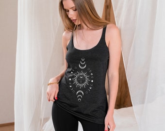 Boho Top, Sun & Moon Celestial Racerback Tank Yoga Top Constellation Astrology Mystical Moon Phases Tank Boho Hippie Shirt Women's Tank Top