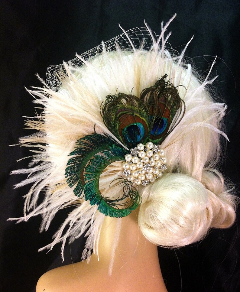 Fascinator Rhinestone Pearl Bridal Feather Fascinator Bridal Headpiece Wedding Veil Old Hollywood Ivory Champagne and Natural Peacock