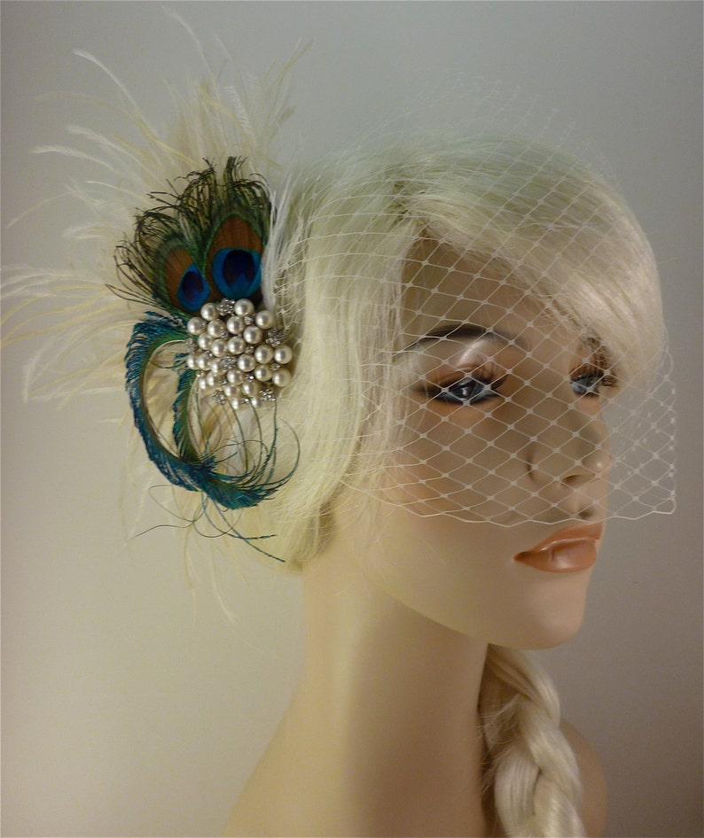 Champagne and Natural Peacock Bridal Headpiece Wedding Veil Holly/'s Old Hollywood Rhinestone Pearl Bridal Feather Fascinator Ivory