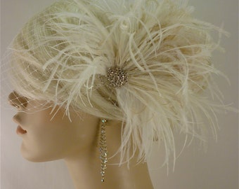 Bridal Fascinator, Feather Fascinator, Ivory Fascinator, Wedding Fascinator, Ivory Hair Clip, Fascinator, 1920s Headpiece, Roaring 20s