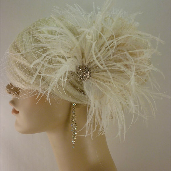 Bridal Fascinator, Feather Fascinator, Ivory Fascinator, Wedding Fascinator, Ivory Hair Clip, Fascinator, 1920s Headpiece, Roaring 20s