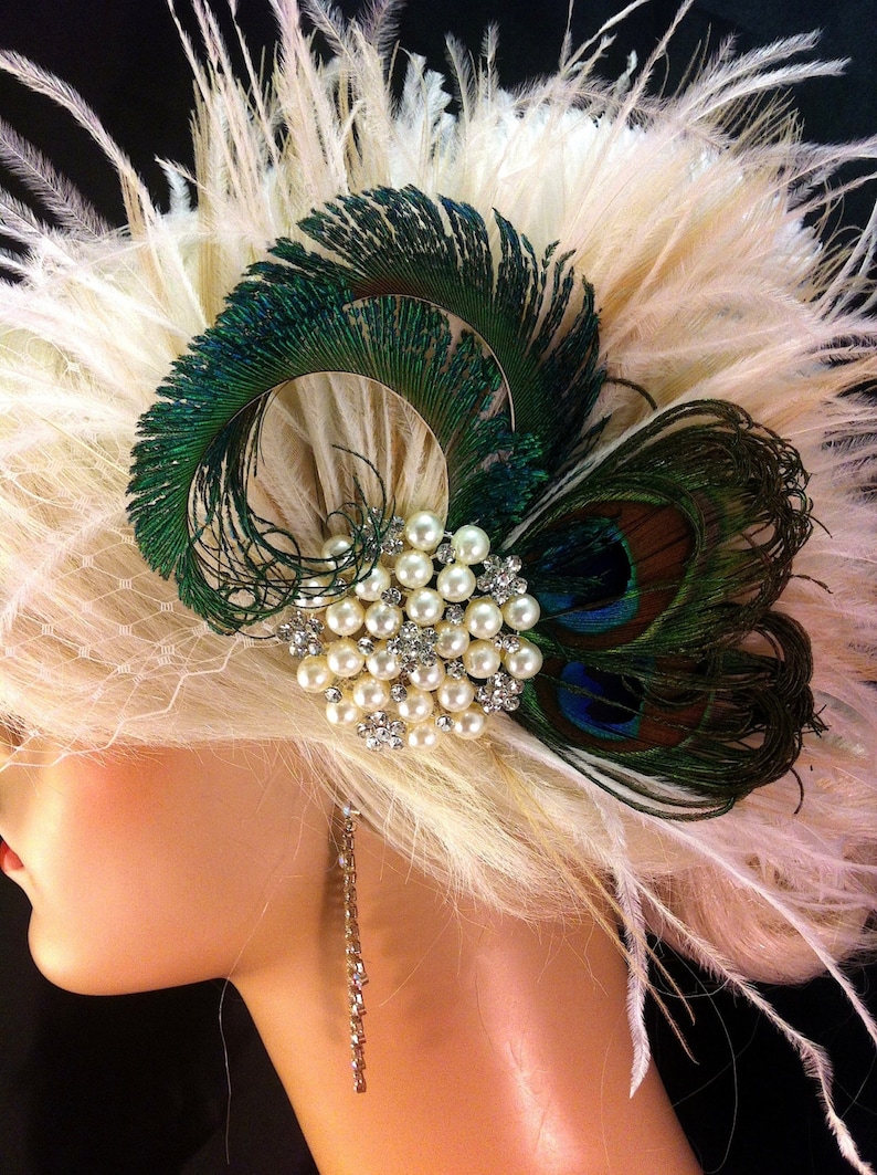 Fascinator Rhinestone Pearl Bridal Feather Fascinator Bridal Headpiece Wedding Veil Old Hollywood Ivory Champagne and Natural Peacock