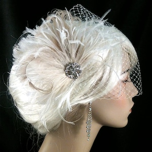 Bridal Fascinator Feather Wedding Head Piece Feather Fascinator Bridal Hair Accessories Bridal Veil Set Gatsby Wedding Great Gatsby