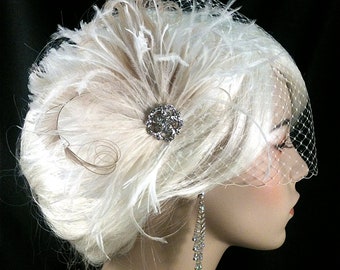 Bridal Fascinator, Feather Wedding Head Piece, Feather Fascinator, Bridal Hair Accessories, Bridal Veil Set, Gatsby Wedding, Great Gatsby