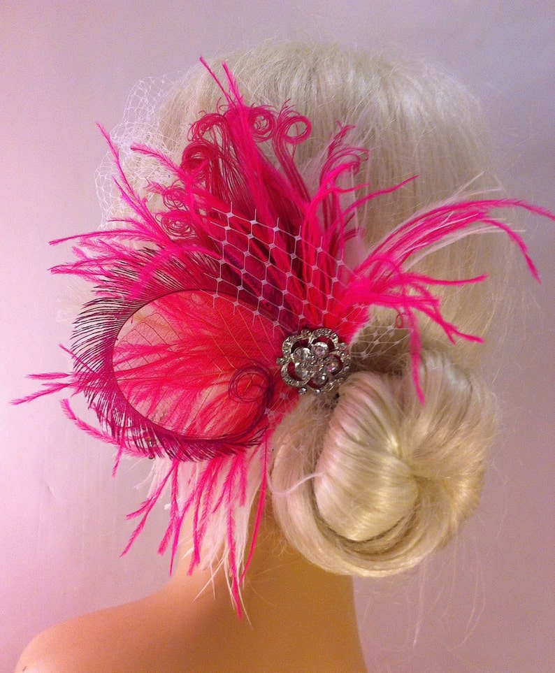 Hot Pink and White Bridal Headpiece Feather Fascinator Great Gatsby Wedding Fascinator Peacock Feather Hair Clip