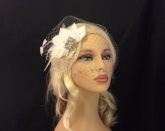 Fascinator, Wedding Headpiece, Bridal Headpiece, Bridal Veil, 1920s Headpiece, Blusher, Ivory Feather Hair Clip, Swarovski Crystals