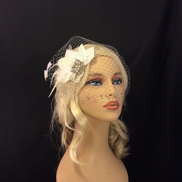 Fascinator, Wedding Headpiece, Bridal Headpiece, Bridal Veil, 1920s Headpiece, Blusher, Ivory Feather Hair Clip, Swarovski Crystals