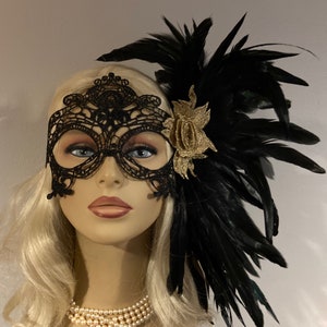 Black Lace Masquerade Mask with Feathers with Antique Gold Flower Masquerade  Ball, Women's Lace Mask, Wedding Masquerade Masks, Bridal Mask