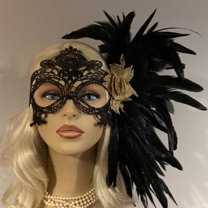 Floral Mask, Halloween Masks, Black Lace Masquerade Mask with Feathers with Antique Gold Flower Masquerade  Ball, Women&#39;s Lace Mask, Wedding