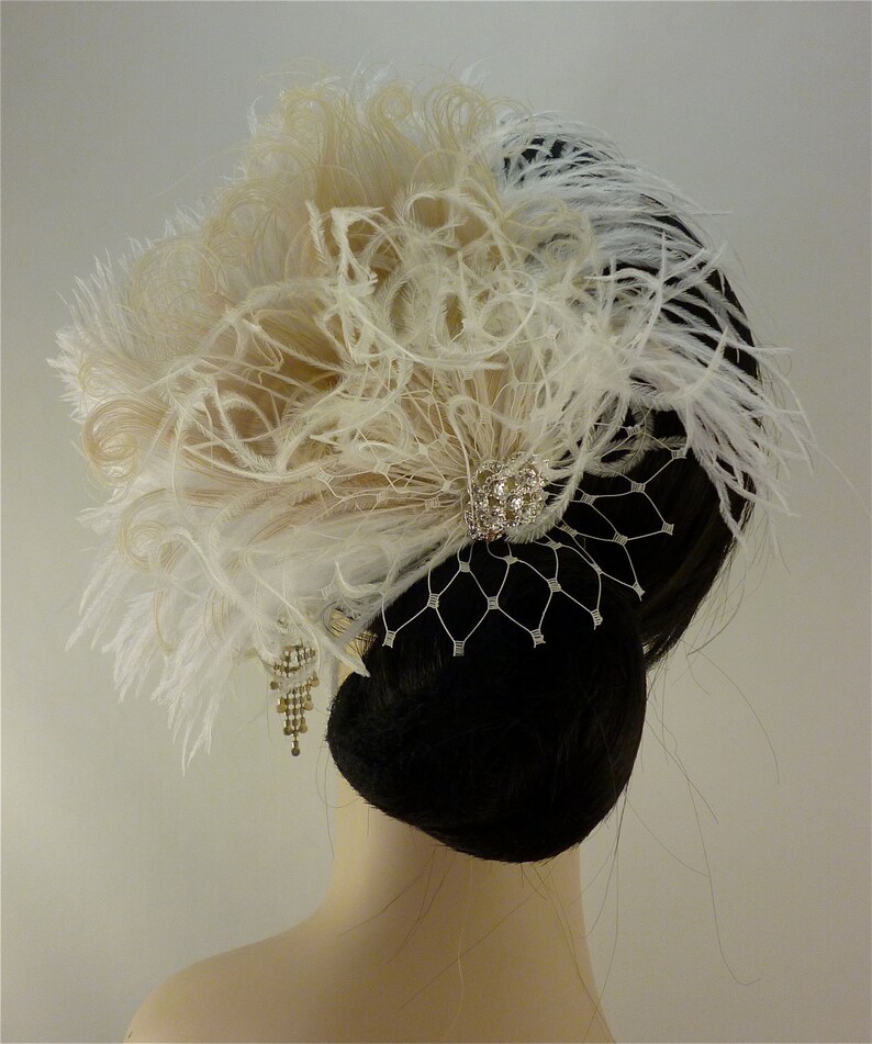 Wedding Bridal Fascinator Vintage Bride Diamante Crystal Rhinestone Brooch Feather Fascinator English Net Veil Bridal Fascinator