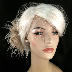 Champagne Feather Fascinator: Bridal Hair Clip with Bandeau Veil image 4