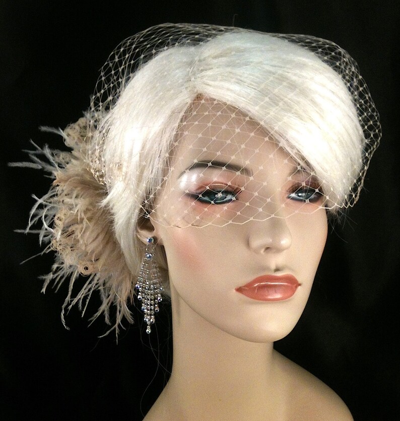 Champagne Feather Fascinator: Bridal Hair Clip with Bandeau Veil image 4