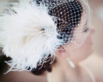 Bridal Feather Fascinator, Bridal Fascinator, Bridal Headpiece, Bridal Hair Accessories, Bridal Veil