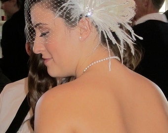 Bridal Feather Fascinator- Rhinestone Hair clip, Bridal Headpiece, Wedding Veil, Wedding Fascinator, Feather Fascinator