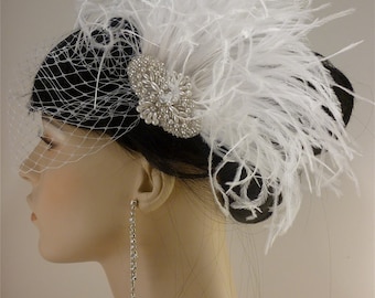 Rhinestone, Pearl, Silver Beaded Bridal White Ostrich Feather Fascinator, Rhinestone Hair Clip, Bridal Fascinator, Fascinator, Bridal Veil