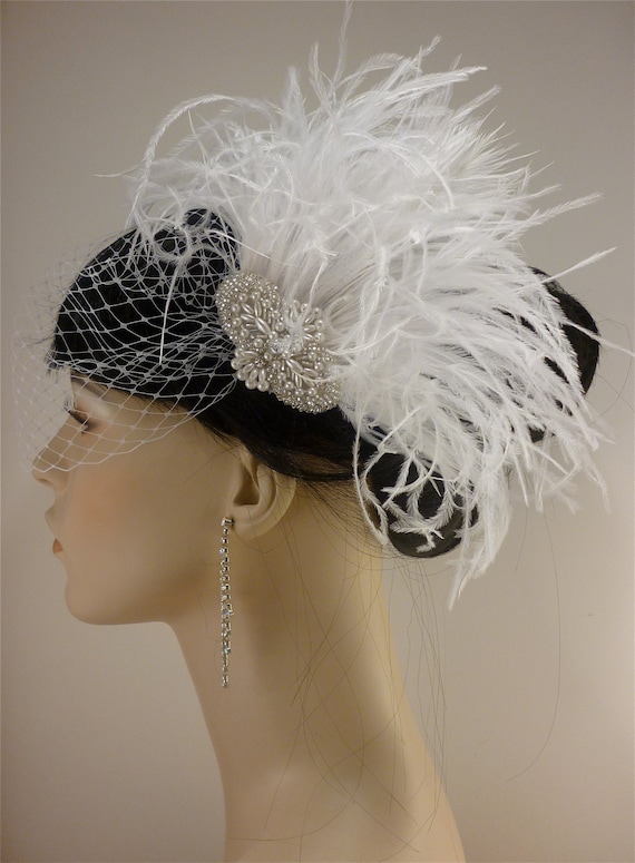 Ostrich Feather Bridal Fascinator: Rhinestone Pearl Silver  display picture 3