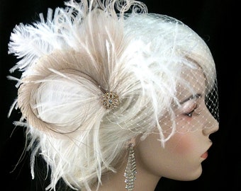 Rock On - Bridal Feather Fascinator- Bridal Headpiece, Wedding Veil, Wedding Fascinator, Feather Fascinator, Gold-tone Rhinestone Center