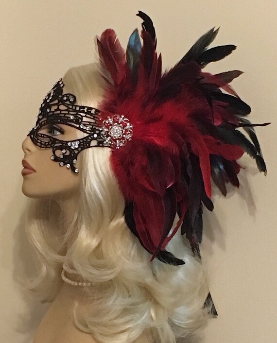 Red Black Mask + Feathers On Hband Eye Masks Unisex Red Black Mask + Feathers On Hband Eye Masks Unisex