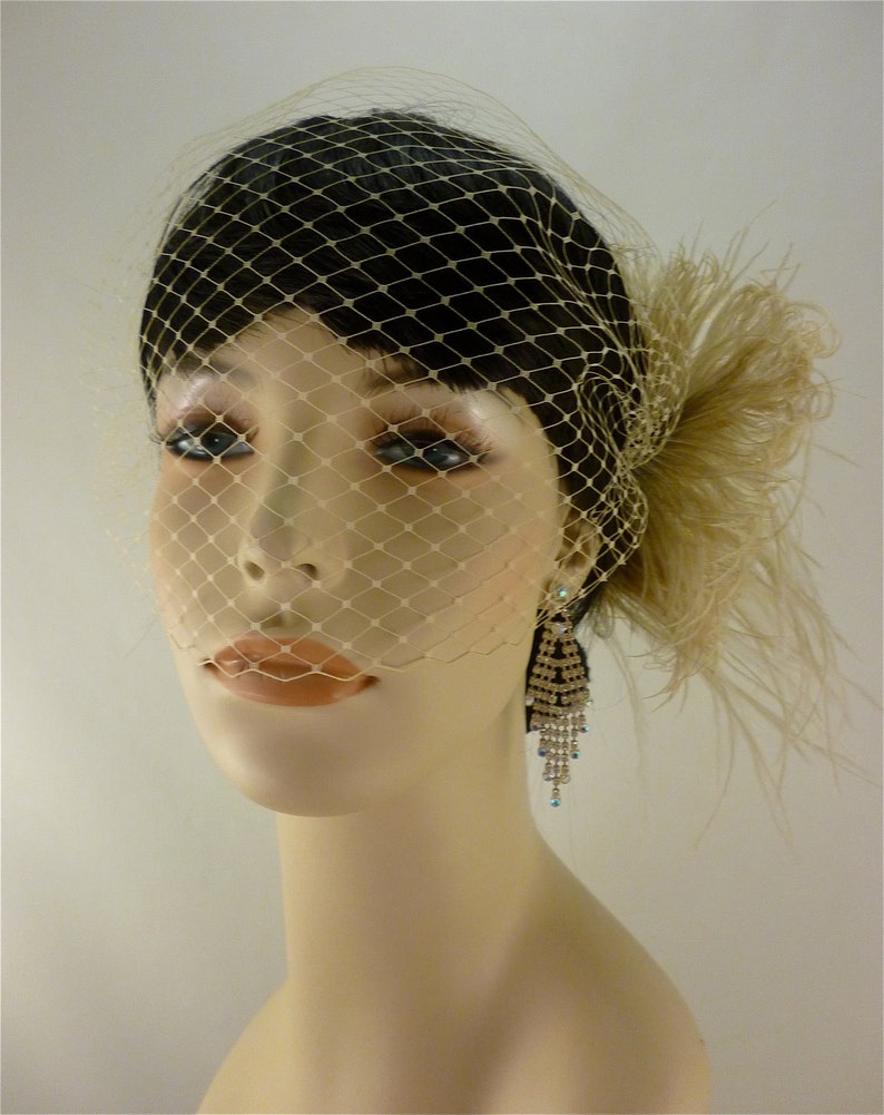 May include: A white birdcage veil with a feather accent. The veil is made of a fine mesh material and has a delicate, feminine look. The veil is perfect for a wedding or other special occasion.