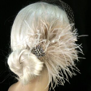 Champagne Feather Fascinator: Bridal Hair Clip with Bandeau Veil image 5