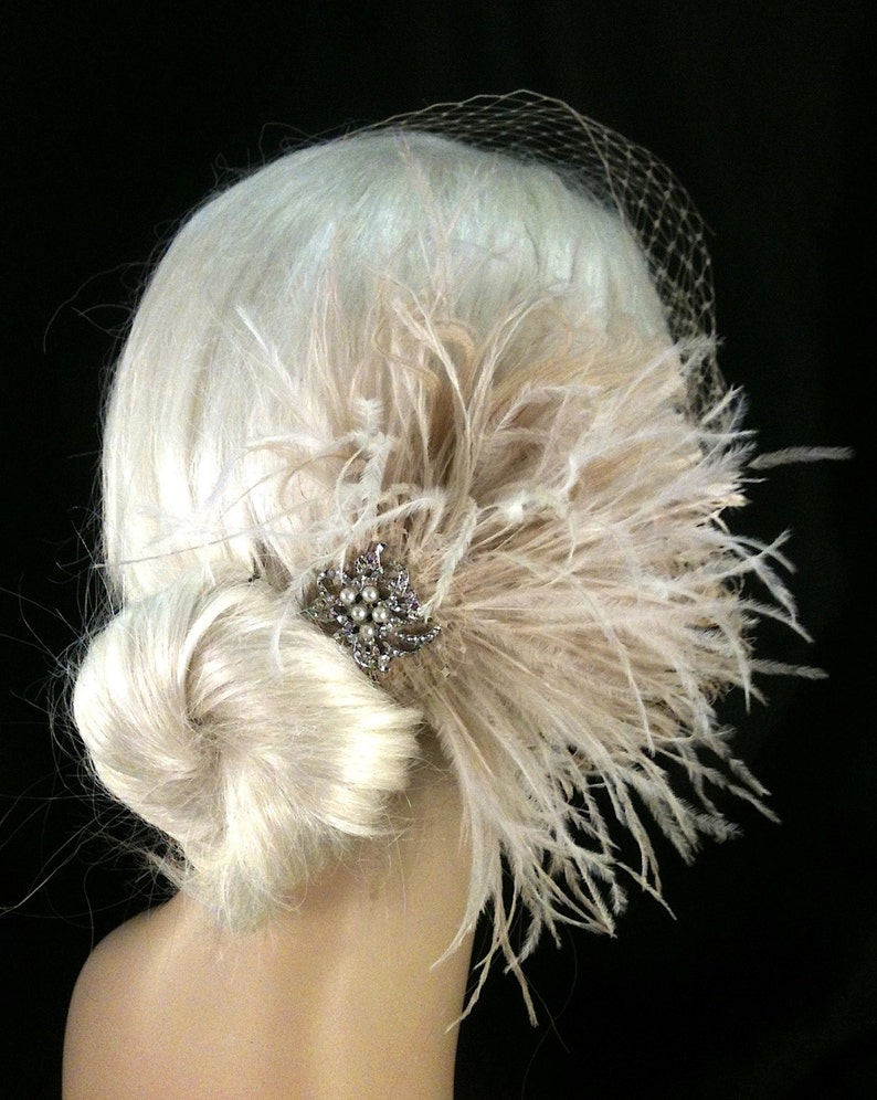 Champagne Feather Fascinator: Bridal Hair Clip with Bandeau Veil image 5