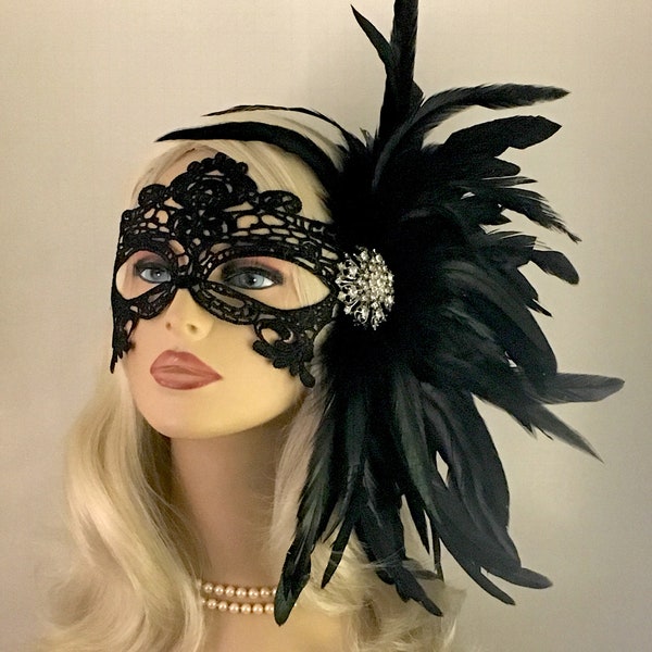 Black Lace Masquerade Mask With Black  Feathers, Masked Ball, Women's Lace Mask, Wedding Masquerade Masks, Bridal Wedding Mask, Halloween