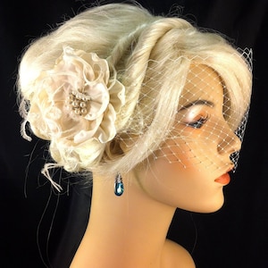 Handmade Champagne or Ivory Bridal Flower Fascinator with Veil, Bridal Fascinator, Bridal Flower Hair clip, Flower Hair Clip, Bandeau Veil