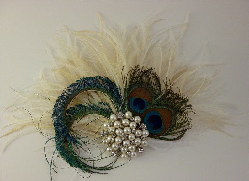 Champagne and Natural Peacock Bridal Headpiece Wedding Veil Holly/'s Old Hollywood Rhinestone Pearl Bridal Feather Fascinator Ivory