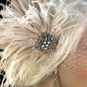 Champagne Feather Fascinator: Bridal Hair Clip with Bandeau Veil image 2