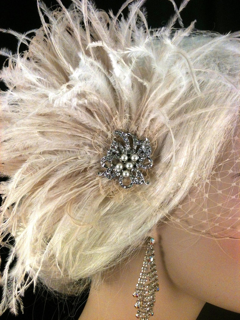 Champagne Feather Fascinator: Bridal Hair Clip with Bandeau Veil image 2