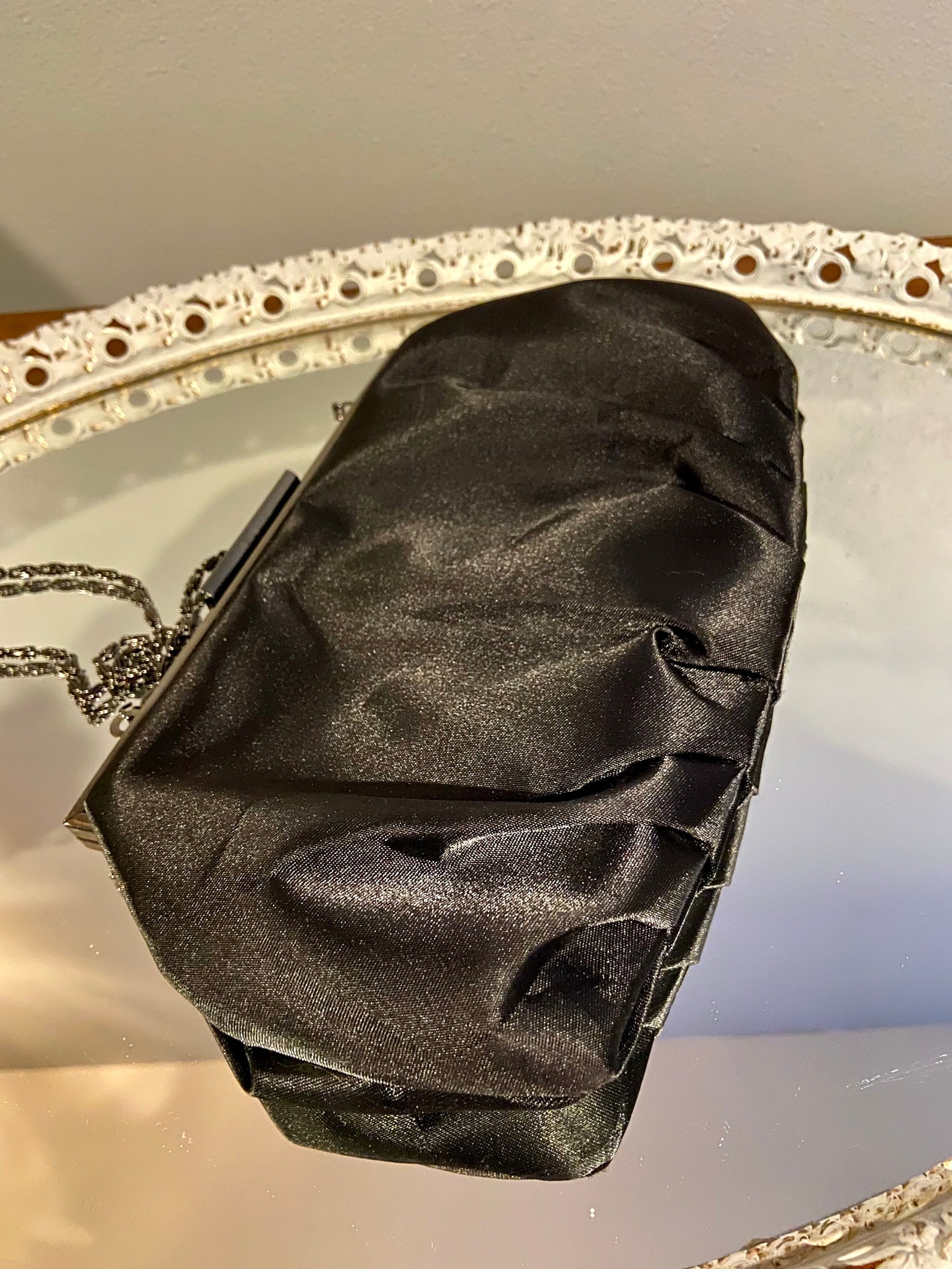 Vintage Black Satin Evening Bag With Gunmetal Chain | Etsy
