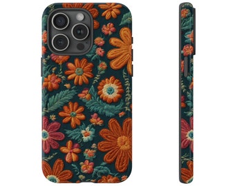 70s Floral Embroidered Look Phone Case Vintage-Inspired Orange Floral Design Cottagecore Embroidery iPhone Tough Case Google 6 Pixel Samsung