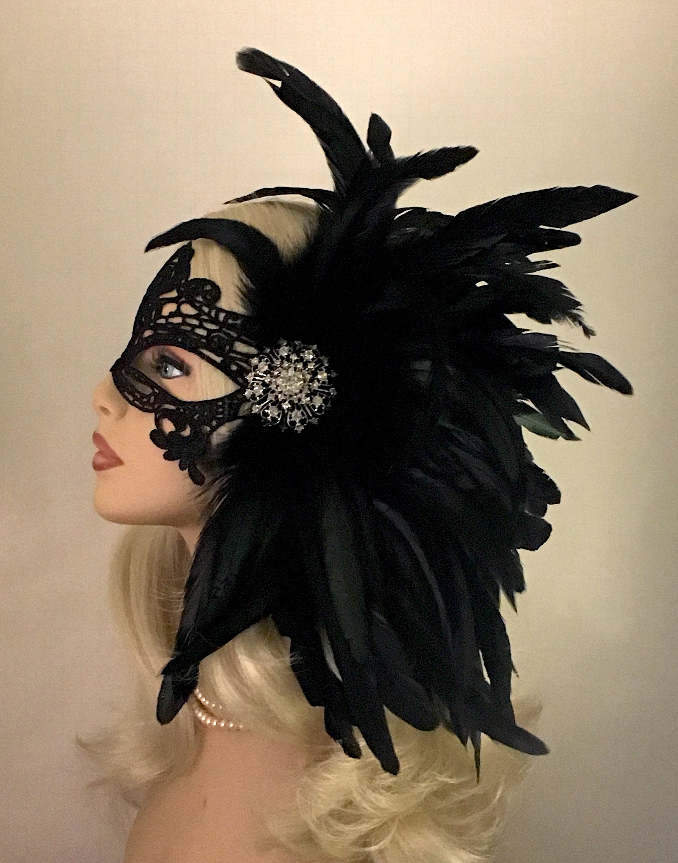 White or Black Lace Masquerade Ball Face Mask with flower and Feather Dress up 