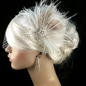 Bridal Fascinator Feather Wedding Head Piece Feather Fascinator Bridal Hair Accessories Bridal Veil Set Gatsby Wedding Great Gatsby