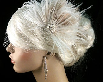 Bridal Fascinator Feather Wedding Head Piece Feather Fascinator Bridal Hair Accessories Bridal Veil Set Gatsby Wedding Great Gatsby