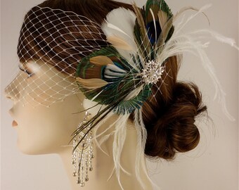 Bridal Feather Fascinator, Bridal Fascinator, Feather Fascinator, Ivory Fascinator, Fascinator, Wedding Veil, Bridal Headpiece, Bridal Veil