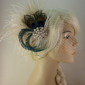 Rhinestone Pearl Bridal Feather Fascinator, Bridal Headpiece, Wedding Veil, Holly&#39;s Old Hollywood, Ivory, Champagne and Natural Peacock