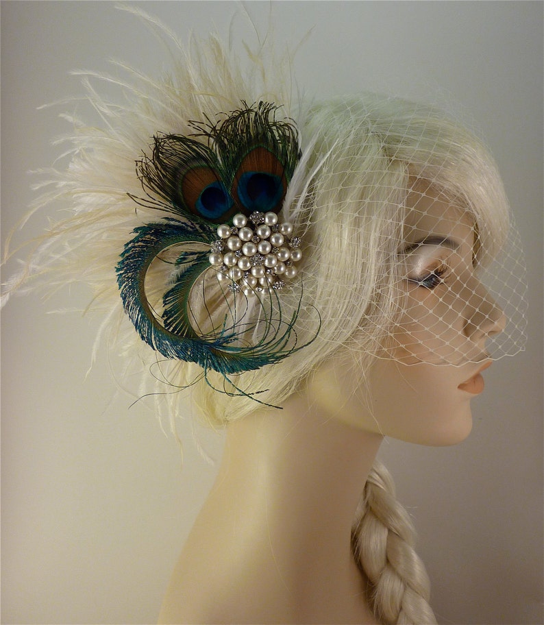 Champagne and Natural Peacock Bridal Headpiece Wedding Veil Holly/'s Old Hollywood Rhinestone Pearl Bridal Feather Fascinator Ivory