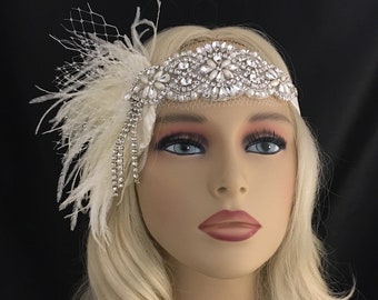 Great Gatsby Headband Flapper Headband Great Gatsby Headpiece Ivory Bridal Headband Wedding Headpiece Silver Rose Gold Gatsby Accessories