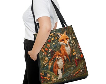 Fox Tote Bag Foxes Faux Embroidered Aesthetic Tote Bag Shopping Tote Shoulder Bag Fox Lover Gift Cottagecore For Her Reusable Tote