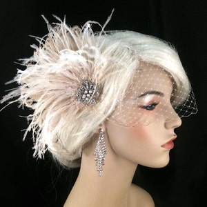 Champagne Feather Fascinator: Bridal Hair Clip with Bandeau Veil image 3