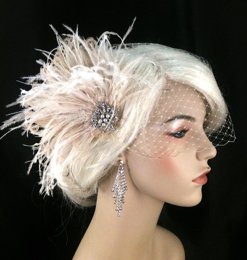 Champagne Feather Fascinator: Bridal Hair Clip with Bandeau Veil image 3
