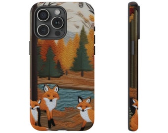 Forest Foxes Faux Embroidery Phone Tough Case Cottagecore Cute Foxes Fall Forest Foxes Faux Embroidery Phone Case Cute Phone Case Gift