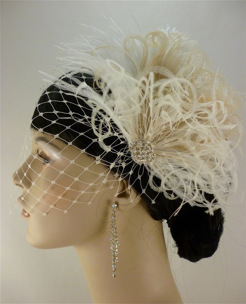 Wedding Bridal Fascinator Vintage Bride Diamante Crystal Rhinestone Brooch Feather Fascinator English Net Veil Bridal Fascinator