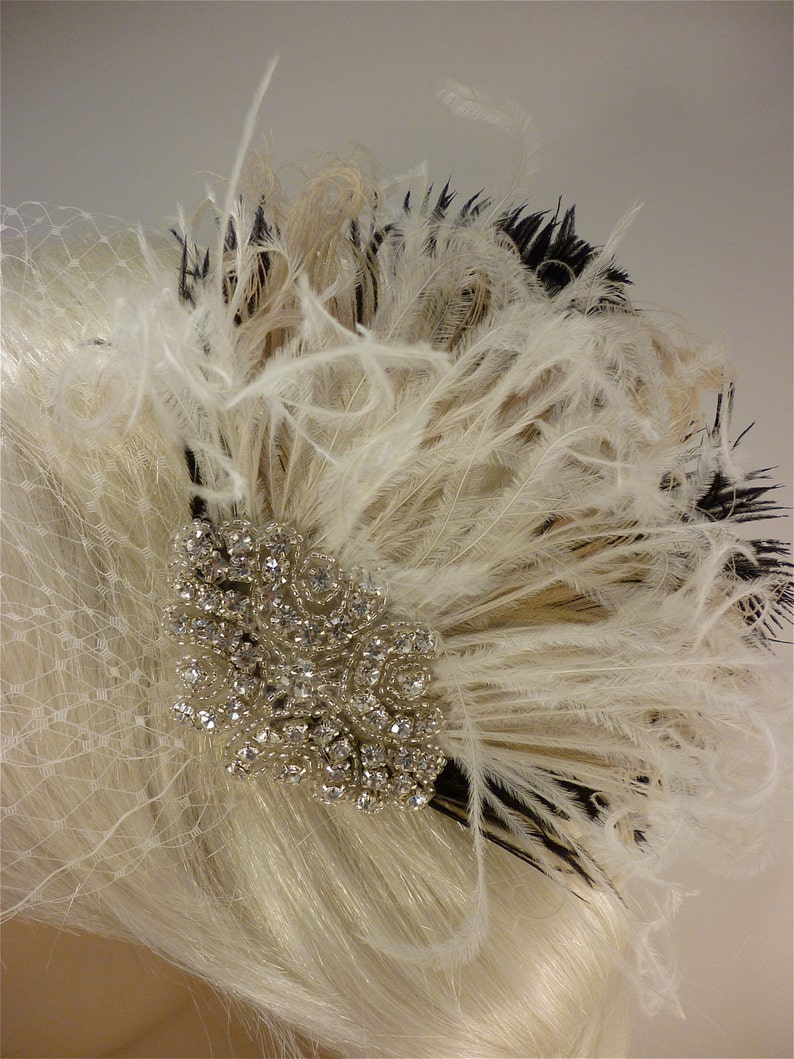 Hollywood Glitz 2- Bridal Fascinator Feather Fascinator Bridal Veil Ivory and Black Wedding Veil Rhinestone Hair clip