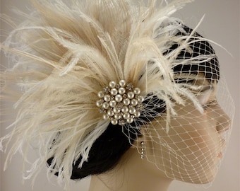 Ivory Feather Bridal Fascinator: Rhinestone Pearl Headpiece, Old Hollywood