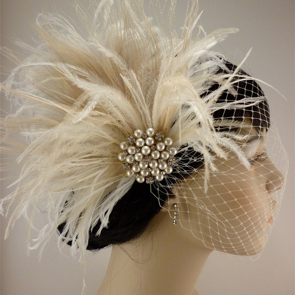 Bibi de mariée morceau de cheveux strass perle de mariée bibi plume ivoire Bibi de mariée casque de mariée voile de mariage Old Hollywood