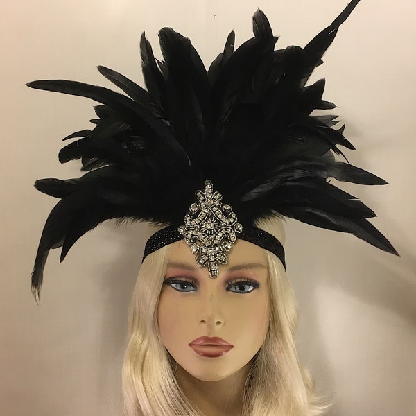 1920s Flapper, Great Gatsby, Black Gatsby Headpiece, Flapper Headband, Jazz Age, Roaring 20s, Rhinestone Feather Headdress, 1920s, NYE